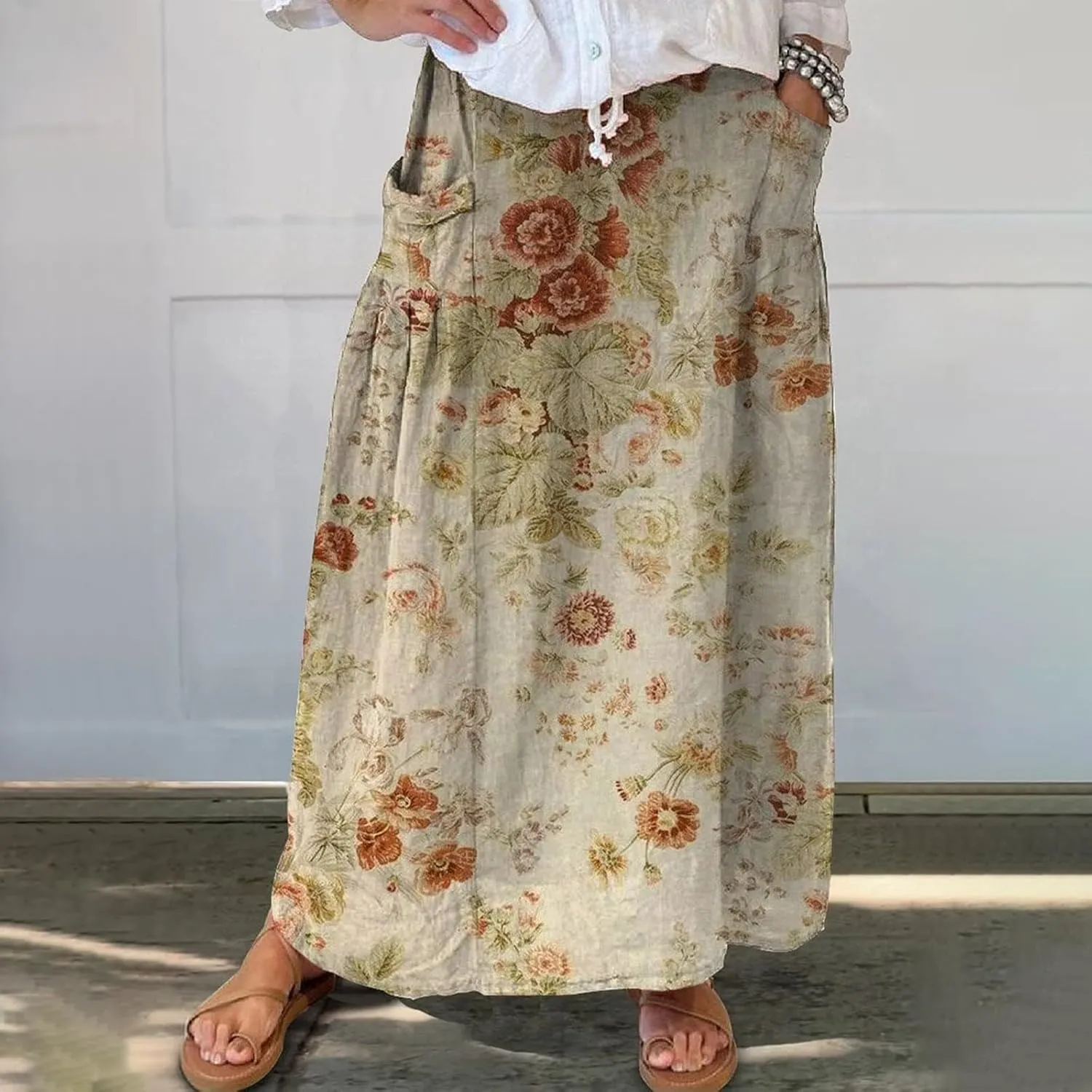 Womens Flowy Long Boho Floral Maxi Skirt Elastic High Waist Tiered Pleated Summer Casual Beach Skirt