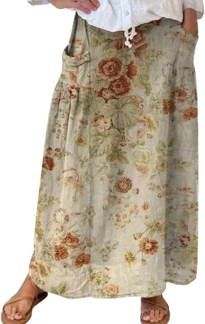 Womens Flowy Long Boho Floral Maxi Skirt Elastic High Waist Tiered Pleated Summer Casual Beach Skirt