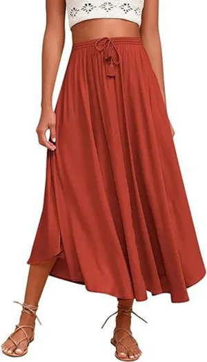Womens Flowy Skirts Elastic High Waist A-Line Skirt Bohemia Casual Beach Long Skirts Summer Trendy Vacation Dress
