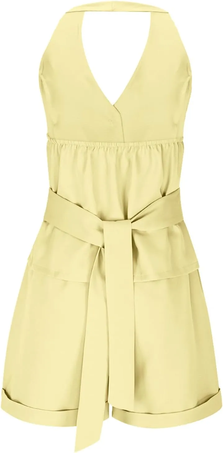 Women's Halter Blazer Vest Formal Business Dress Suits V-Neck Vintage Waistcoats and Flat Front Shorts Sets