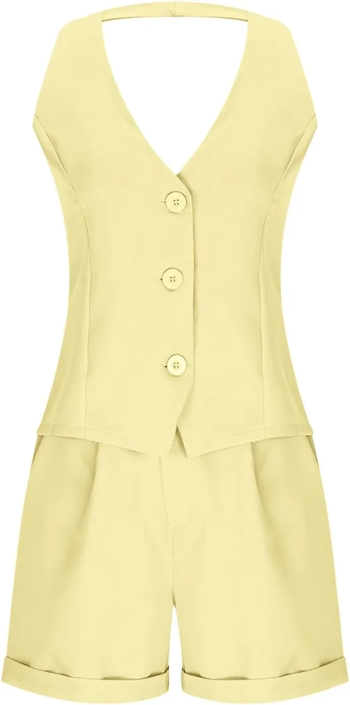 Women's Halter Blazer Vest Formal Business Dress Suits V-Neck Vintage Waistcoats and Flat Front Shorts Sets