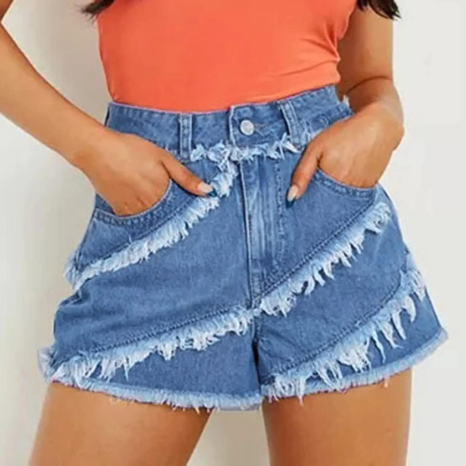 Womens High Waisted Jean Shorts Summer Stretchy Denim Shorts Summer Frayed Hem Shorts Frayed Hem Patchwork Shorts