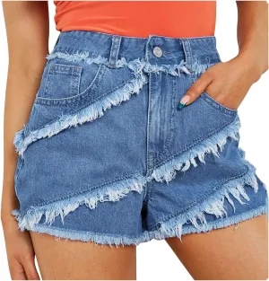 Womens High Waisted Jean Shorts Summer Stretchy Denim Shorts Summer Frayed Hem Shorts Frayed Hem Patchwork Shorts