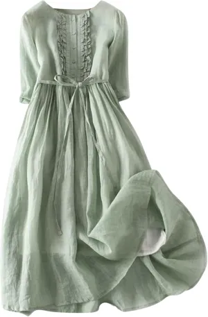 Women's Korean Style Dress Summer 2024 Causal Cotton Linen Lace-Up Tshirt Dress Flowy Short Sleeve A-Line Sundress
