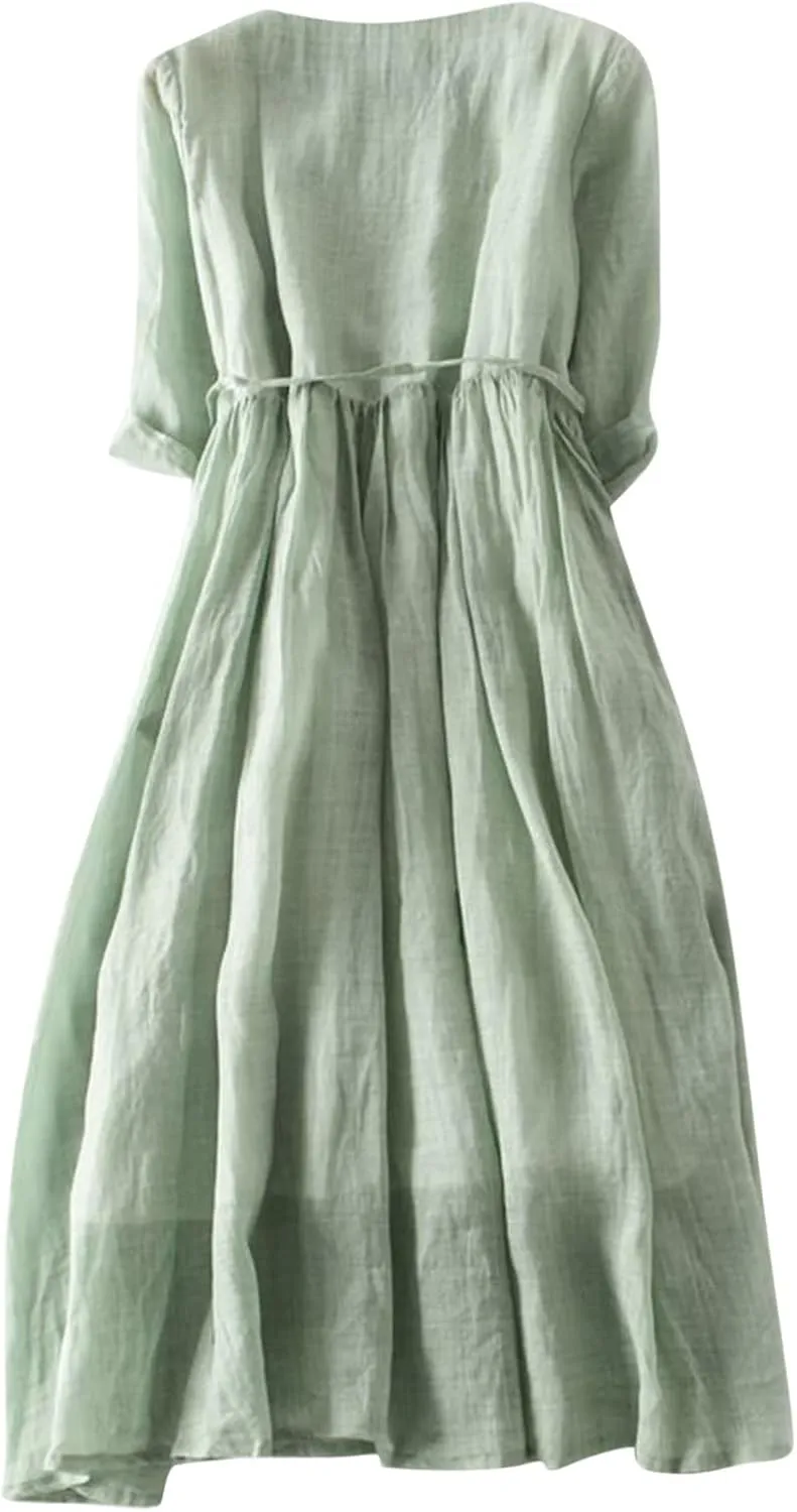 Women's Korean Style Dress Summer 2024 Causal Cotton Linen Lace-Up Tshirt Dress Flowy Short Sleeve A-Line Sundress