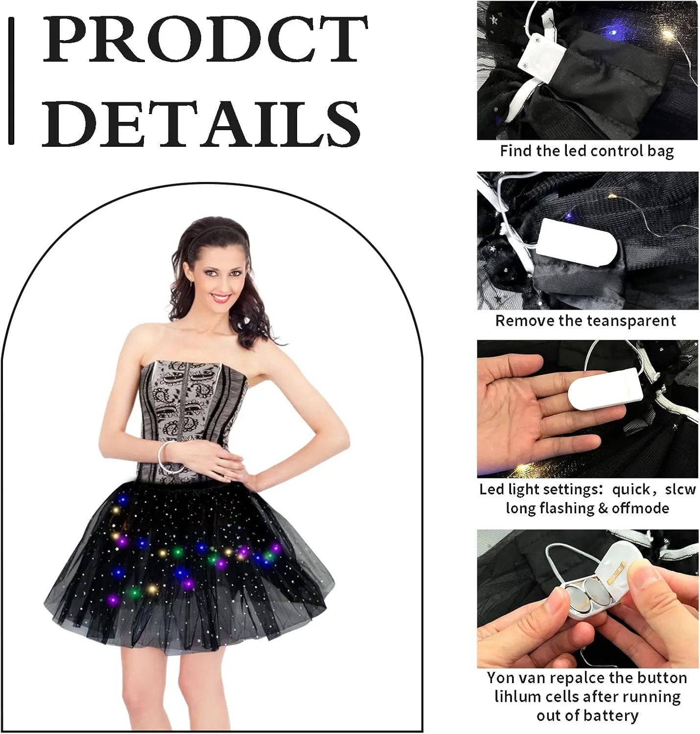 Women's LED Tutu Skirt Light Up Tutus Sparkle Skirts Layered Tulle Ballet Dance Skirt for Halloween Party Carnival Costume