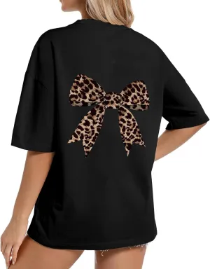 Women's Leopard Bow Oversized T Shirt Short Sleeve Crewneck Tops Graphic Print Loose Fit Tee Tops