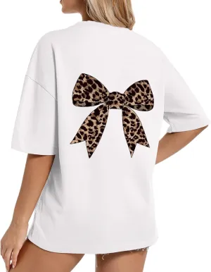 Women's Leopard Bow Oversized T Shirt Short Sleeve Crewneck Tops Graphic Print Loose Fit Tee Tops