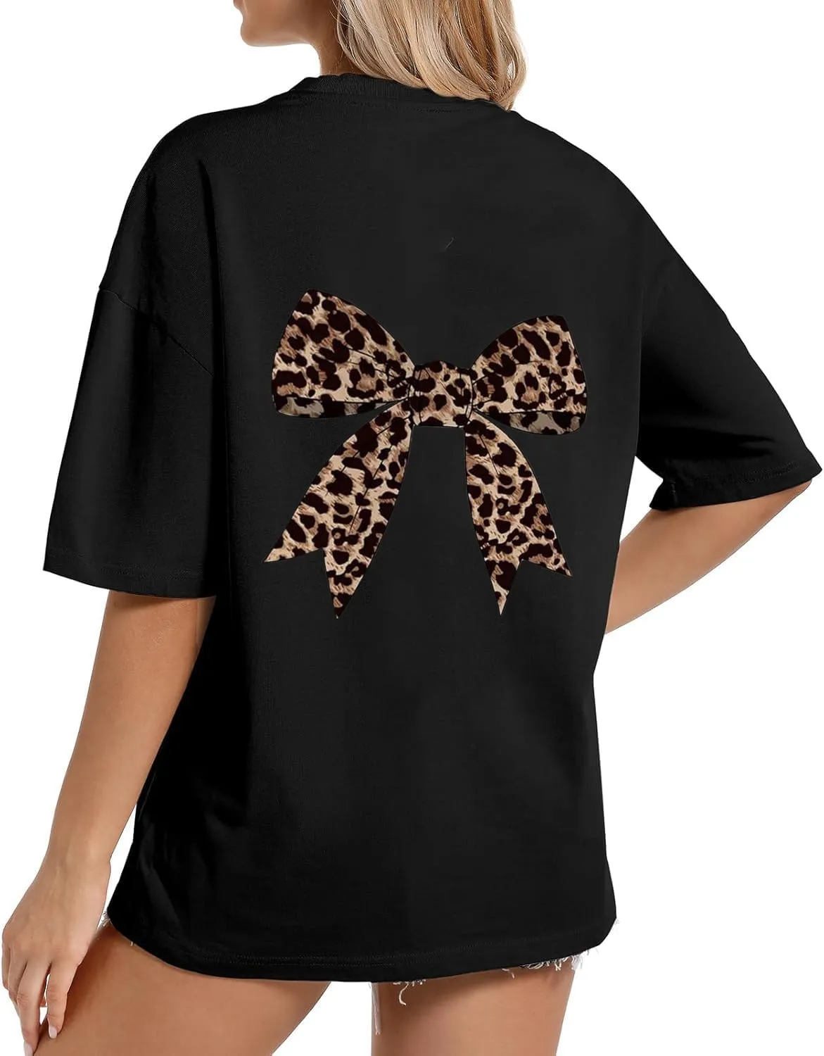 Women's Leopard Bow Oversized T Shirt Short Sleeve Crewneck Tops Graphic Print Loose Fit Tee Tops