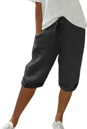 Womens Linen Long Shorts 2025 Summer Knee Length Drawstring Bermuda Shorts Baggy Elastic Waist Shorts with Pocket