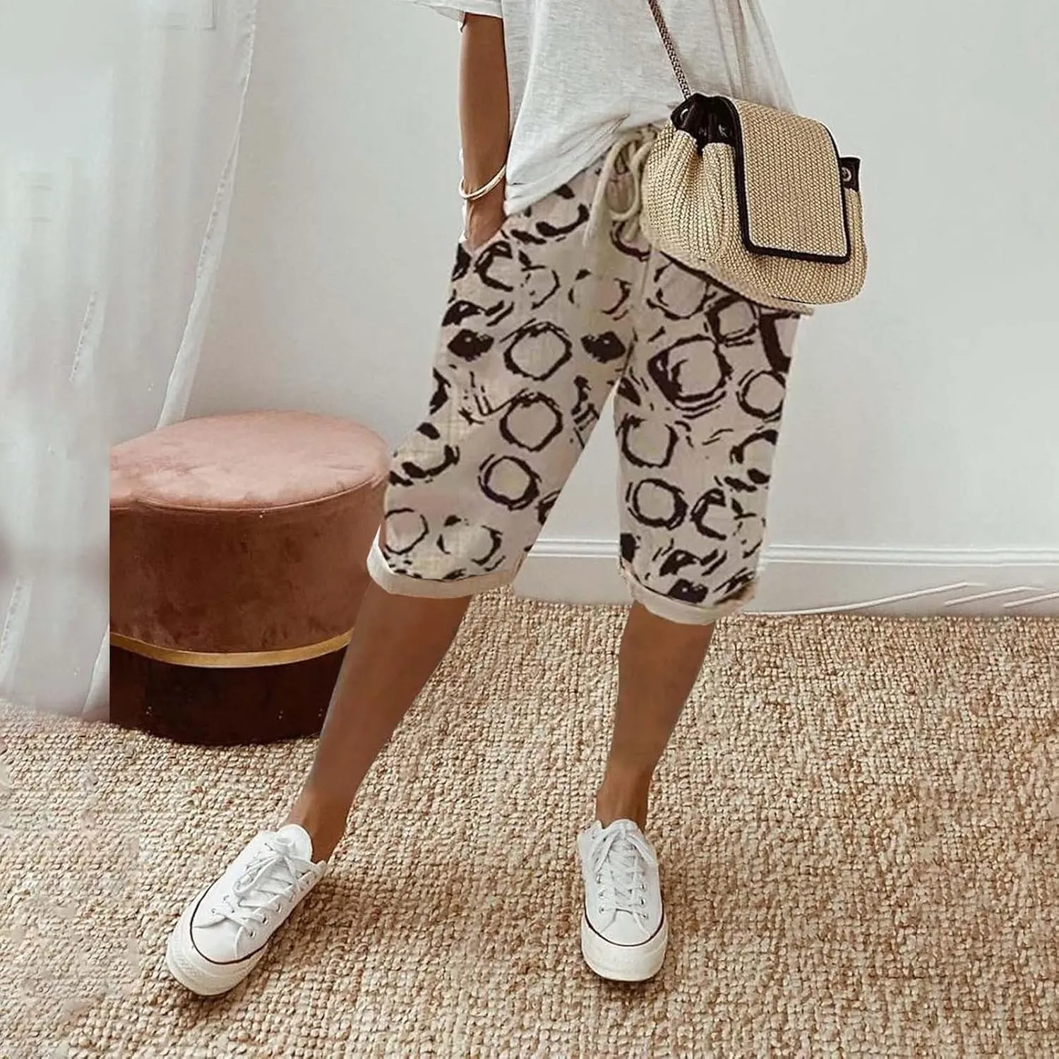 Womens Linen Long Shorts 2025 Summer Knee Length Drawstring Bermuda Shorts Baggy Elastic Waist Shorts with Pocket