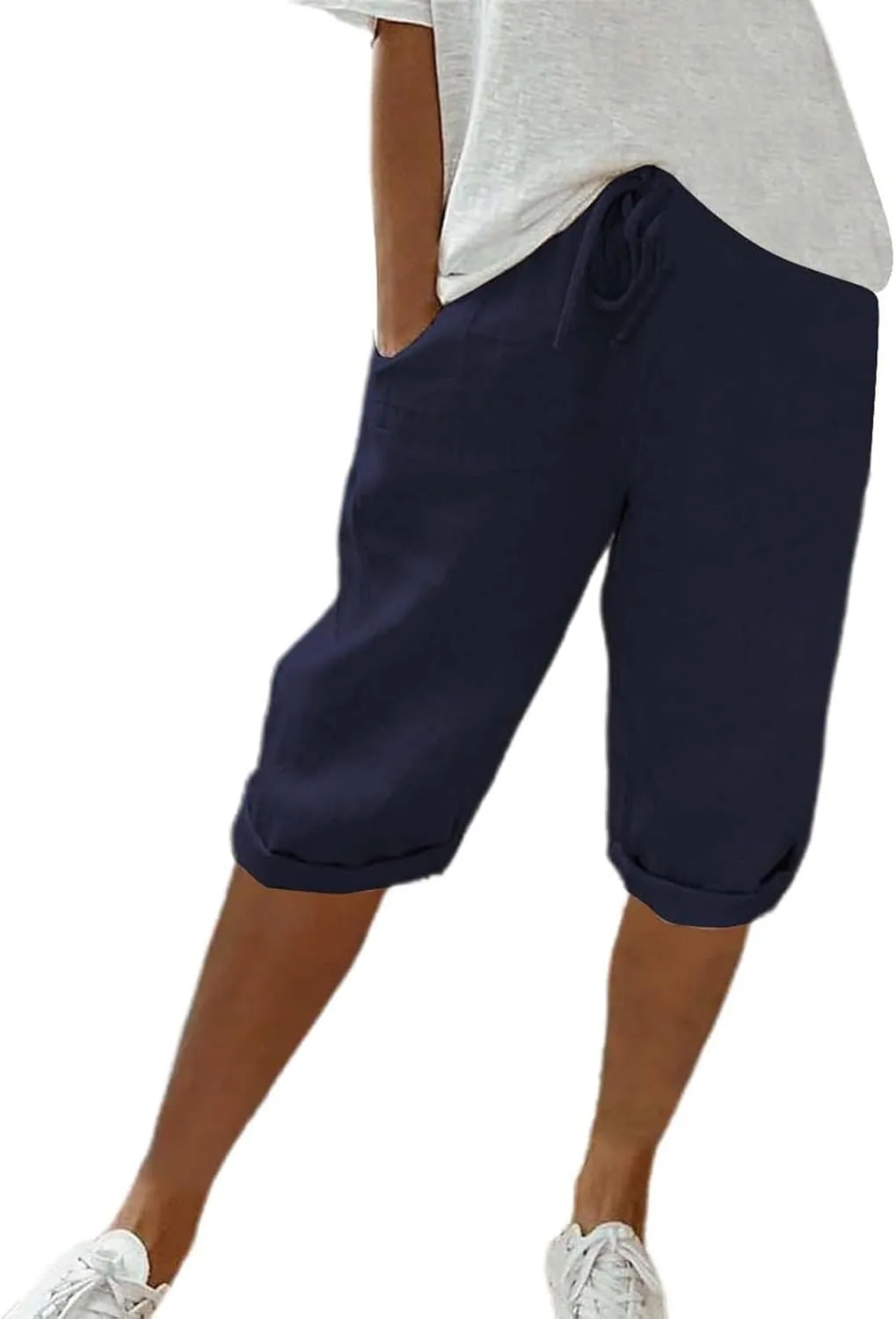 Womens Linen Long Shorts 2025 Summer Knee Length Drawstring Bermuda Shorts Baggy Elastic Waist Shorts with Pocket