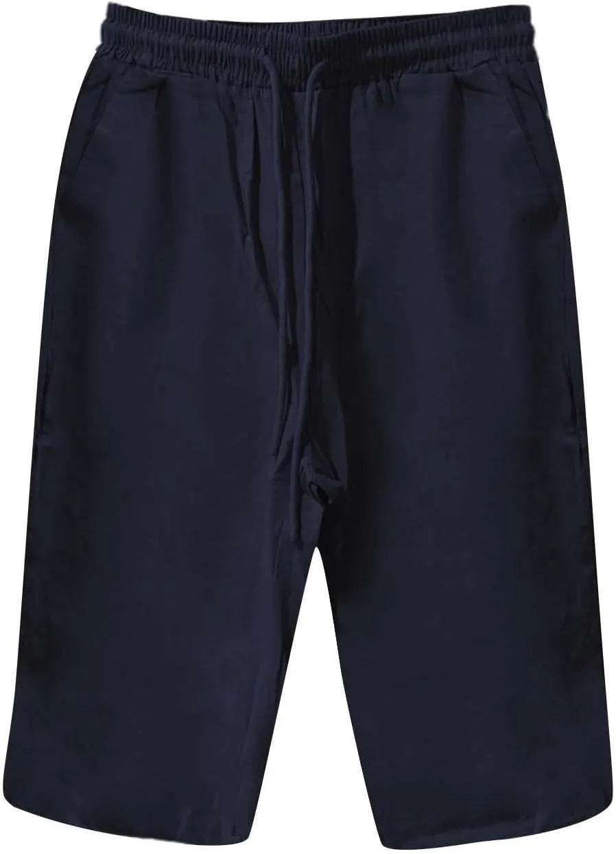 Womens Linen Long Shorts 2025 Summer Knee Length Drawstring Bermuda Shorts Baggy Elastic Waist Shorts with Pocket