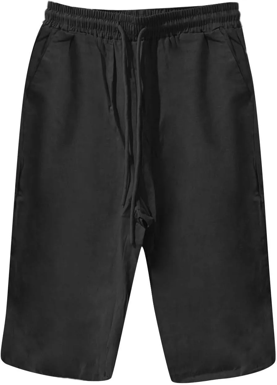 Womens Linen Long Shorts 2025 Summer Knee Length Drawstring Bermuda Shorts Baggy Elastic Waist Shorts with Pocket