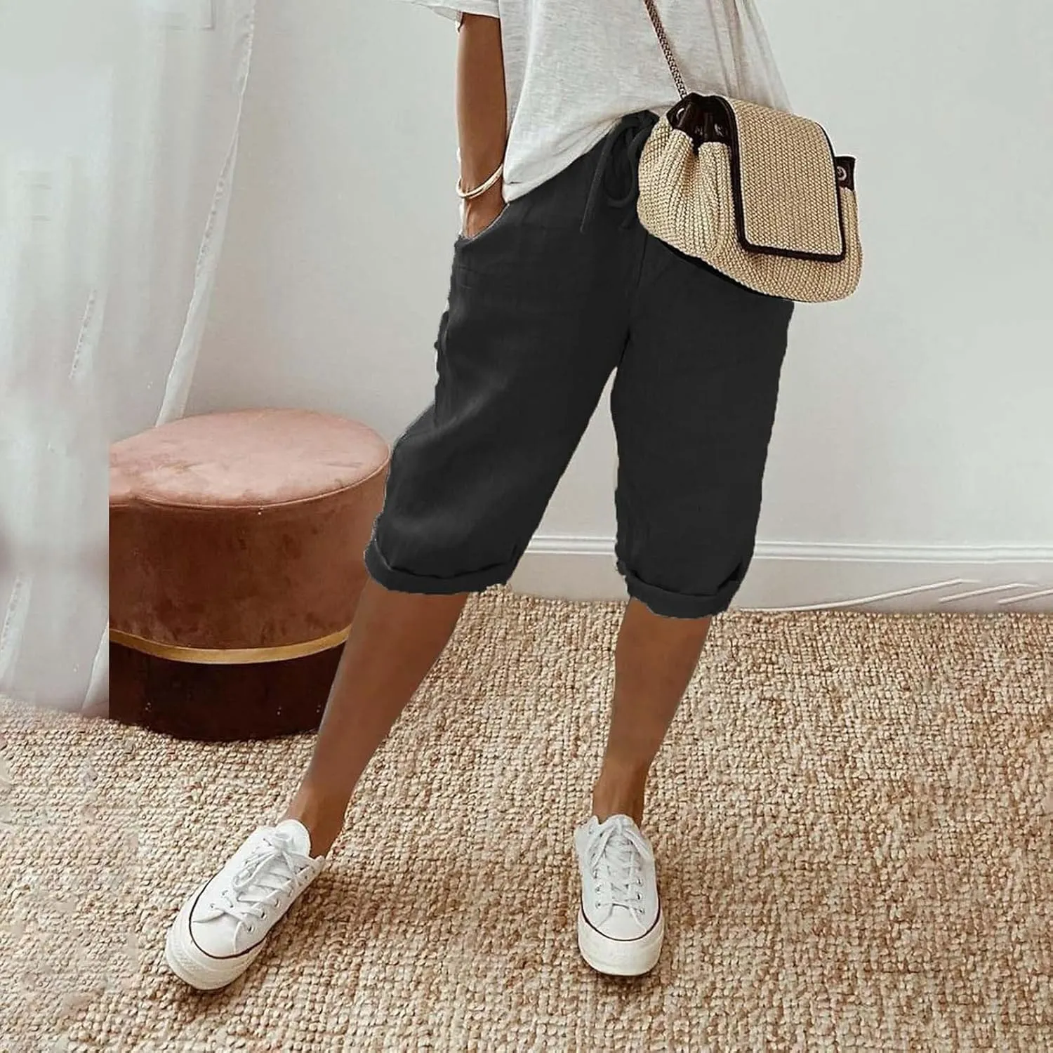 Womens Linen Long Shorts 2025 Summer Knee Length Drawstring Bermuda Shorts Baggy Elastic Waist Shorts with Pocket
