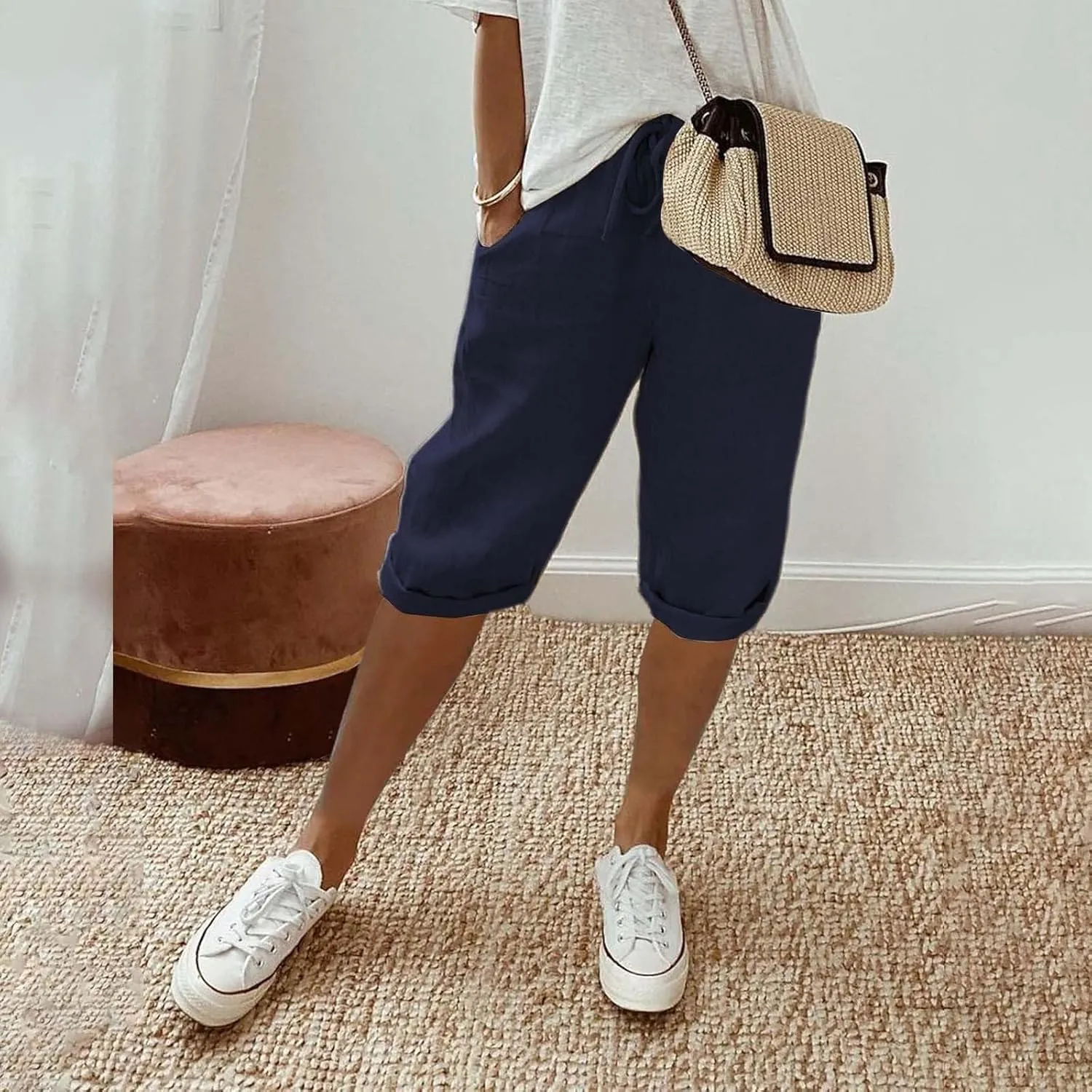 Womens Linen Long Shorts 2025 Summer Knee Length Drawstring Bermuda Shorts Baggy Elastic Waist Shorts with Pocket