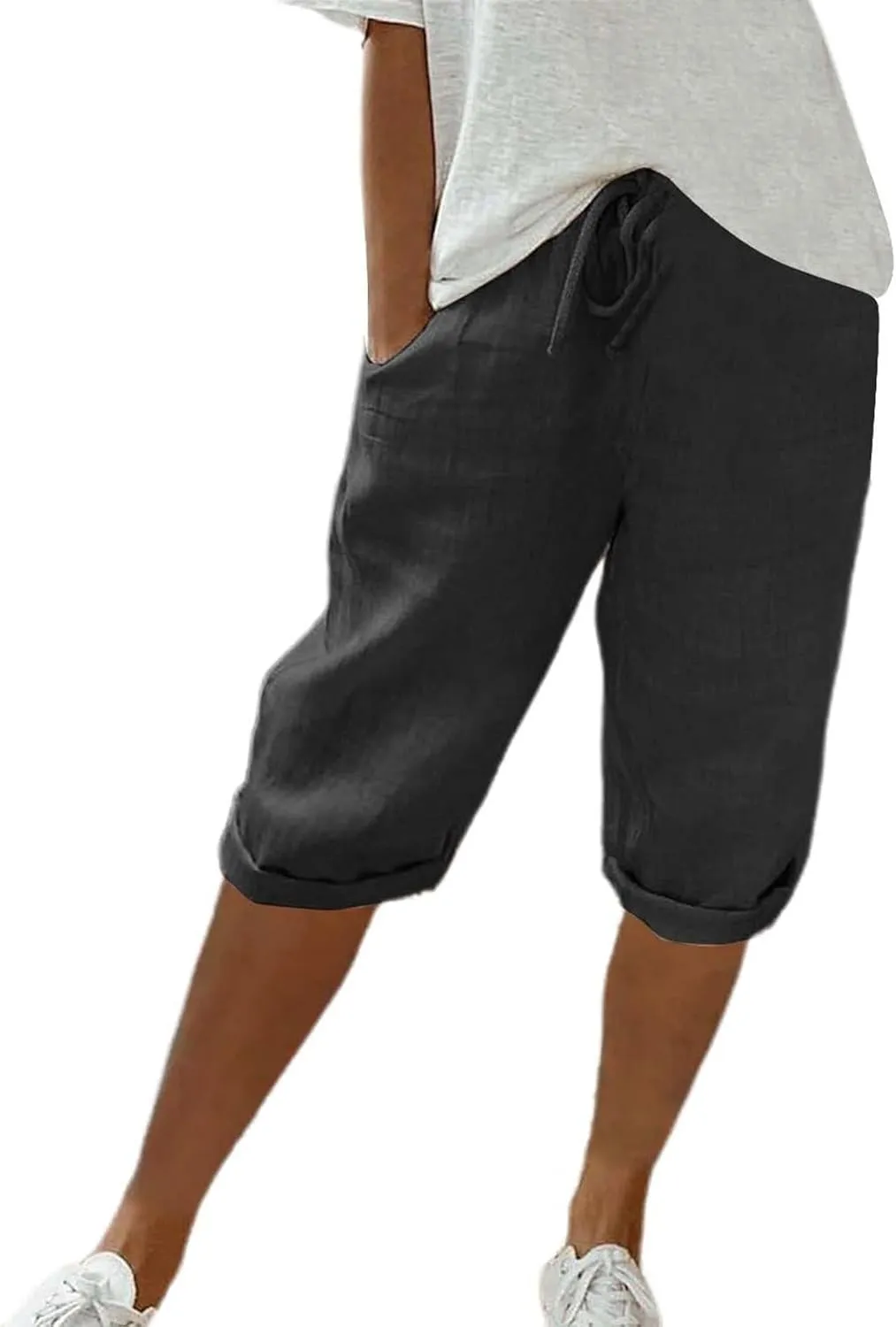 Womens Linen Long Shorts 2025 Summer Knee Length Drawstring Bermuda Shorts Baggy Elastic Waist Shorts with Pocket