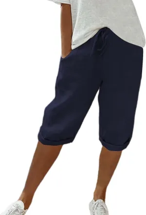 Womens Linen Long Shorts 2025 Summer Knee Length Drawstring Bermuda Shorts Baggy Elastic Waist Shorts with Pocket