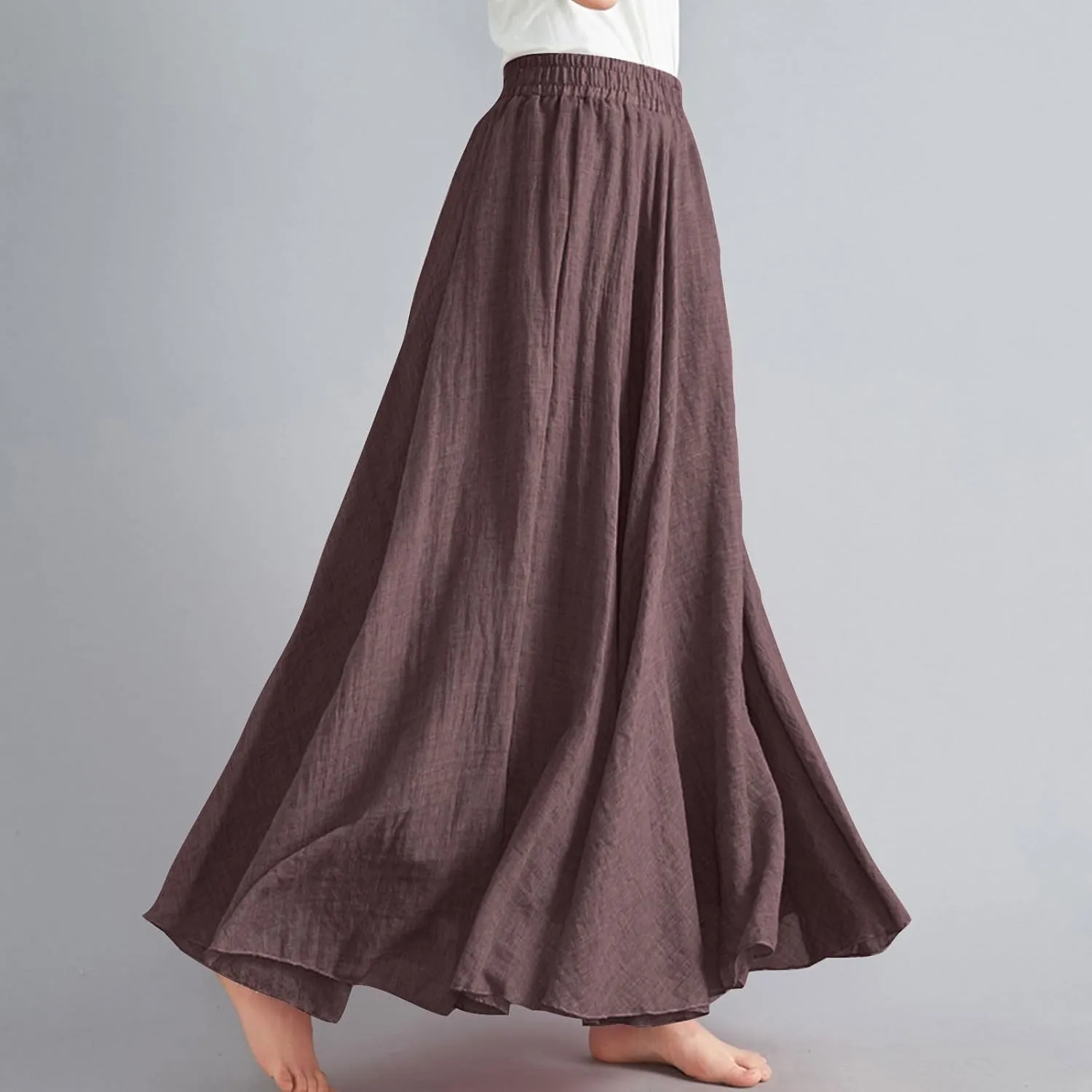 Womens Linen Skirt 2025 Summer Fashion Casual Elastic High Waist Long Skirts Pleated A-Line Flowy Swing Skirt