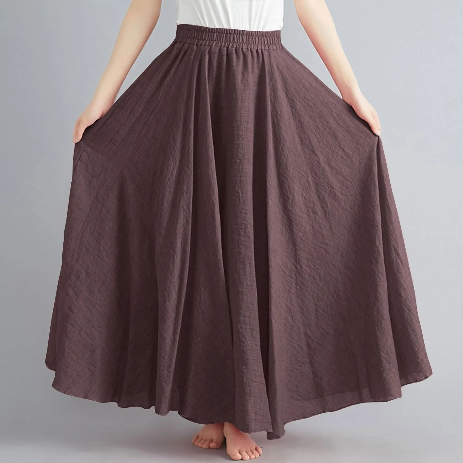 Womens Linen Skirt 2025 Summer Fashion Casual Elastic High Waist Long Skirts Pleated A-Line Flowy Swing Skirt