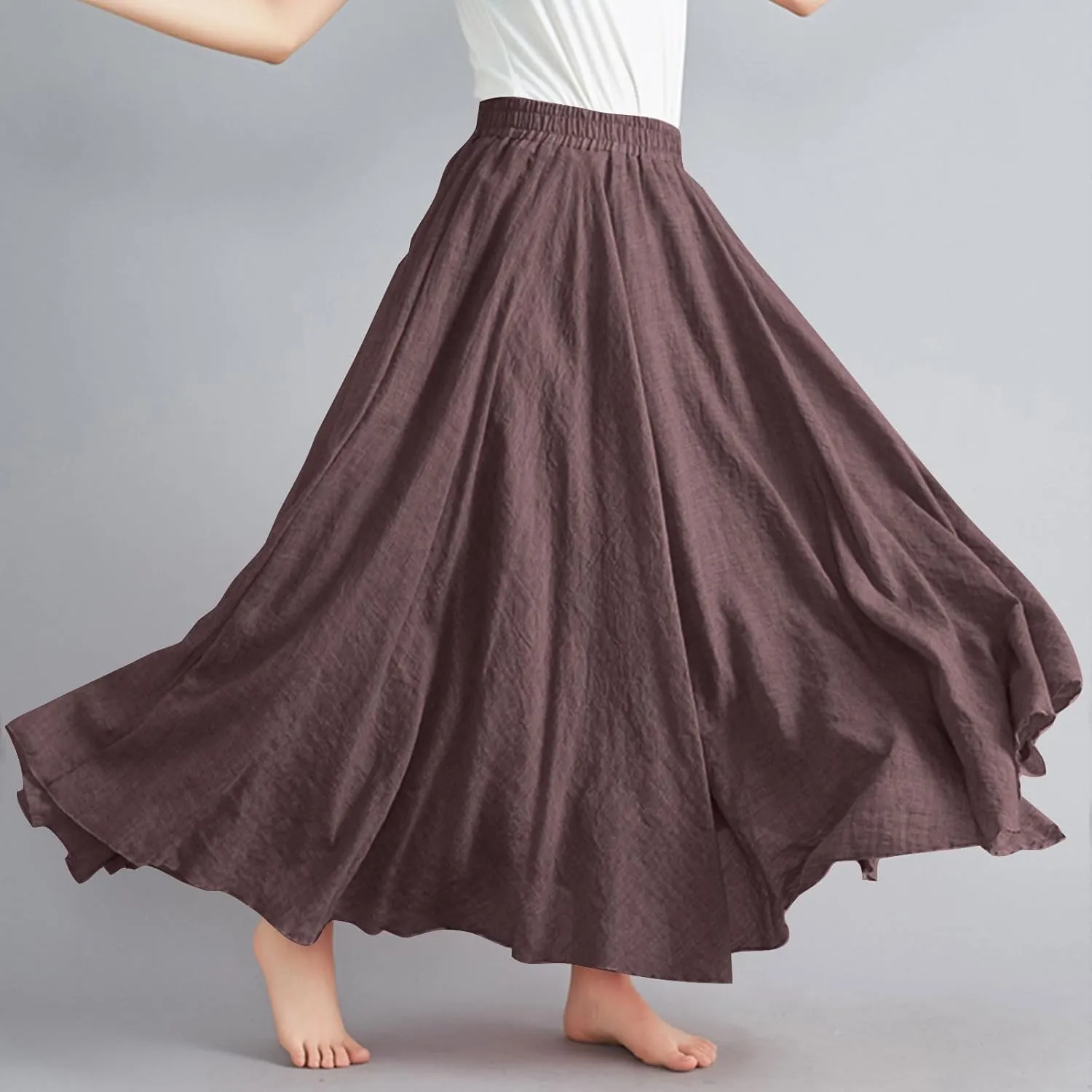 Womens Linen Skirt 2025 Summer Fashion Casual Elastic High Waist Long Skirts Pleated A-Line Flowy Swing Skirt