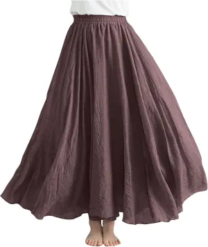 Womens Linen Skirt 2025 Summer Fashion Casual Elastic High Waist Long Skirts Pleated A-Line Flowy Swing Skirt