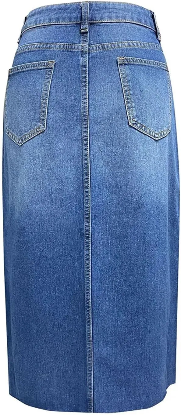 Women's Long High Waist Denim Skirts Front Slit A Line Jeans Skirt Summer Work Office Elegant Skirts
