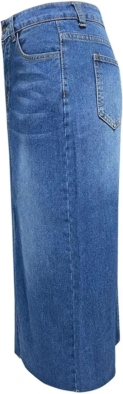 Women's Long High Waist Denim Skirts Front Slit A Line Jeans Skirt Summer Work Office Elegant Skirts