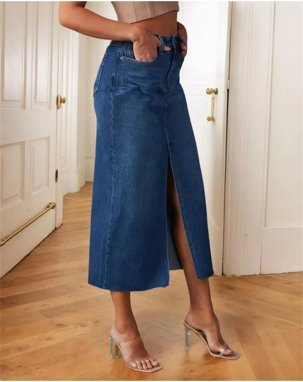 Women's Long High Waist Denim Skirts Front Slit A Line Jeans Skirt Summer Work Office Elegant Skirts