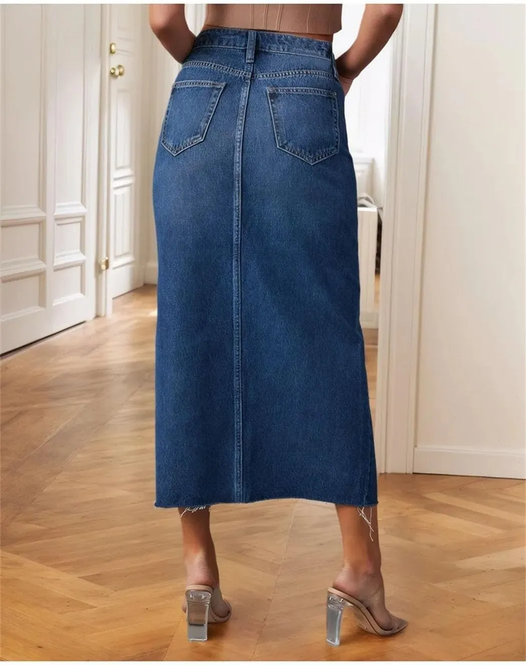 Women's Long High Waist Denim Skirts Front Slit A Line Jeans Skirt Summer Work Office Elegant Skirts