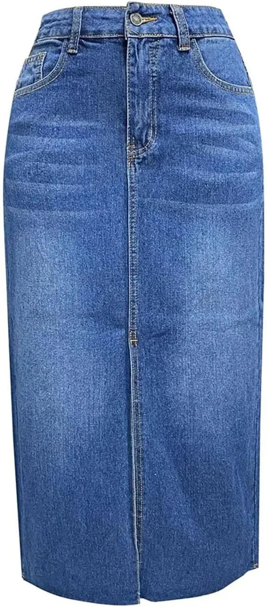 Women's Long High Waist Denim Skirts Front Slit A Line Jeans Skirt Summer Work Office Elegant Skirts