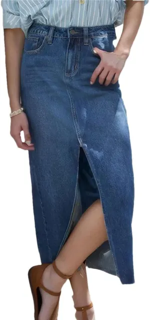 Women's Long High Waist Denim Skirts Front Slit A Line Jeans Skirt Summer Work Office Elegant Skirts