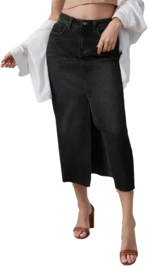 Women's Long High Waist Denim Skirts Front Slit A Line Jeans Skirt Summer Work Office Elegant Skirts