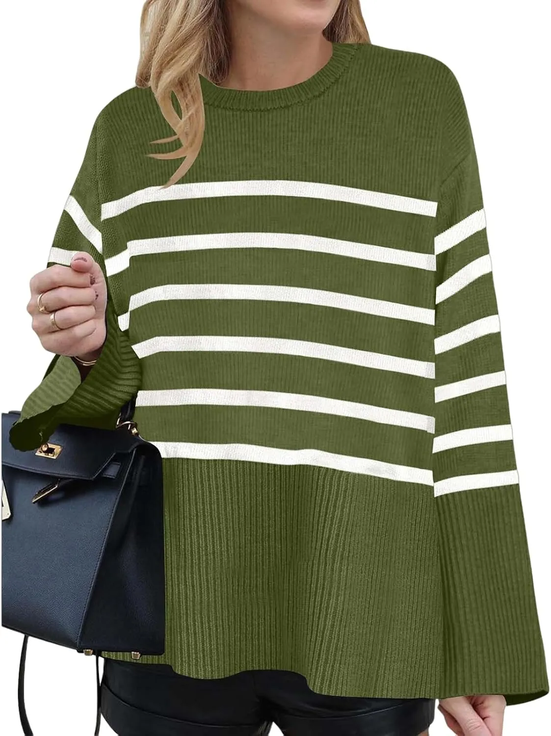 Women's Long Sleeve Crew Neck Oversized Striped Sweaters Color Block Comfy Loose Knitted Pullover Tops Winter Outwear