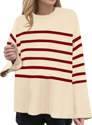 Women's Long Sleeve Crew Neck Oversized Striped Sweaters Color Block Comfy Loose Knitted Pullover Tops Winter Outwear