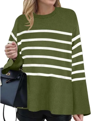 Women's Long Sleeve Crew Neck Oversized Striped Sweaters Color Block Comfy Loose Knitted Pullover Tops Winter Outwear