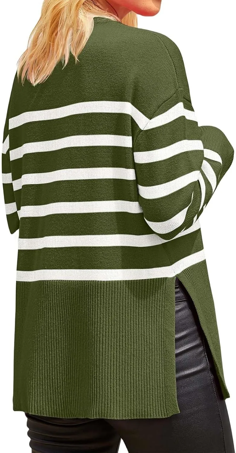 Women's Long Sleeve Crew Neck Oversized Striped Sweaters Color Block Comfy Loose Knitted Pullover Tops Winter Outwear