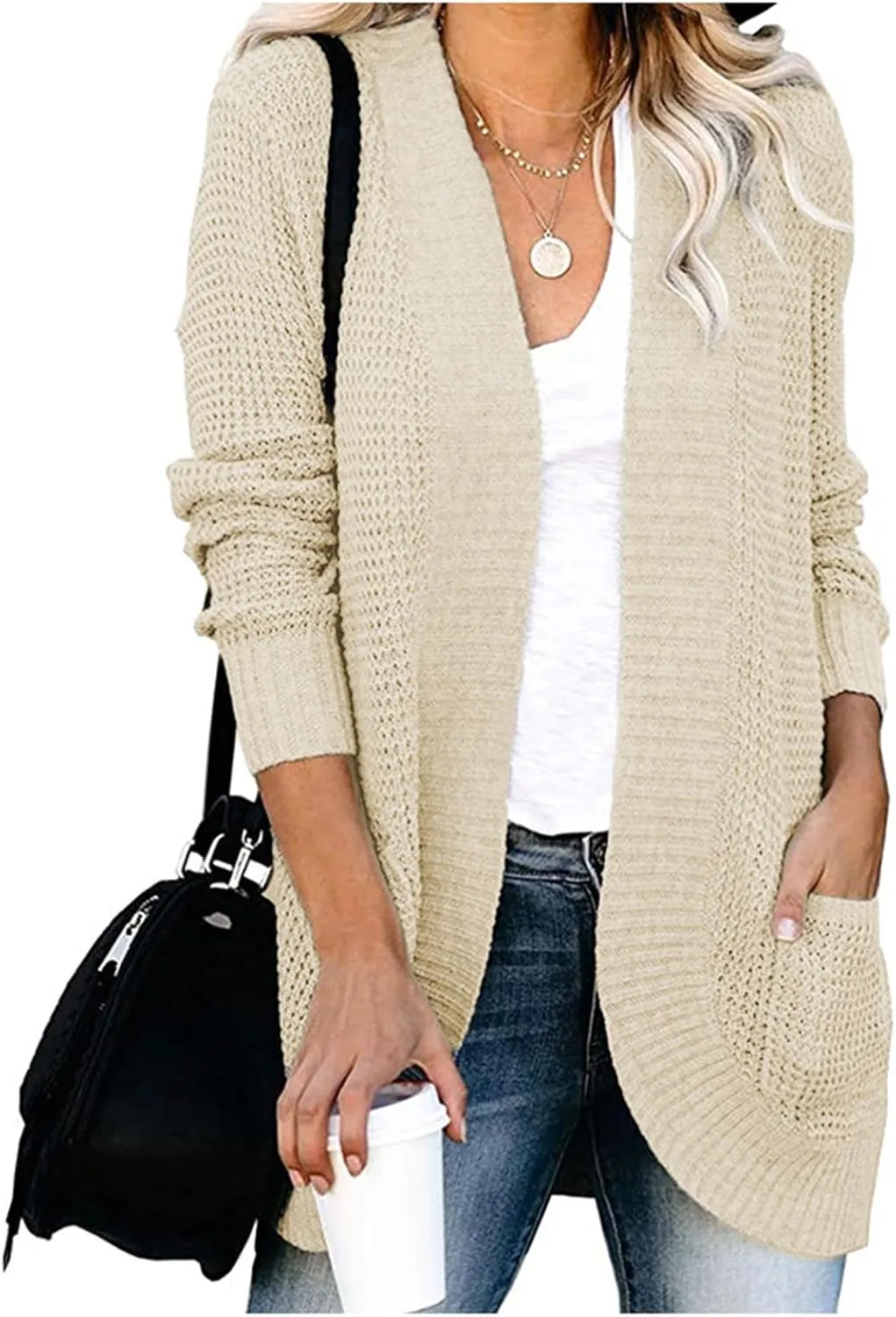 Womens Long Sleeve Open Front Sweater Cardigans Chunky Knit Draped Sweaters Cable Knit Curved Hem Fall Outwear Pockets