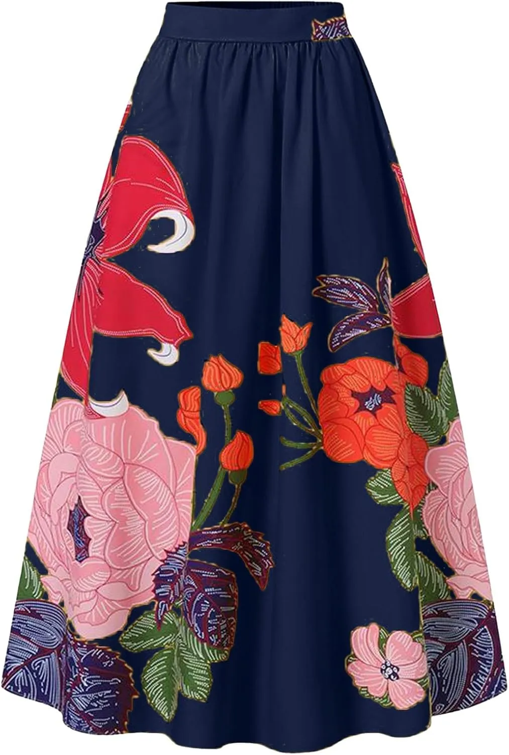 Womens Maxi Boho Long Skirts Pleated Dress Casual A Line Plus Size Summer Tiered Beach Vacation Skirt with Pockets