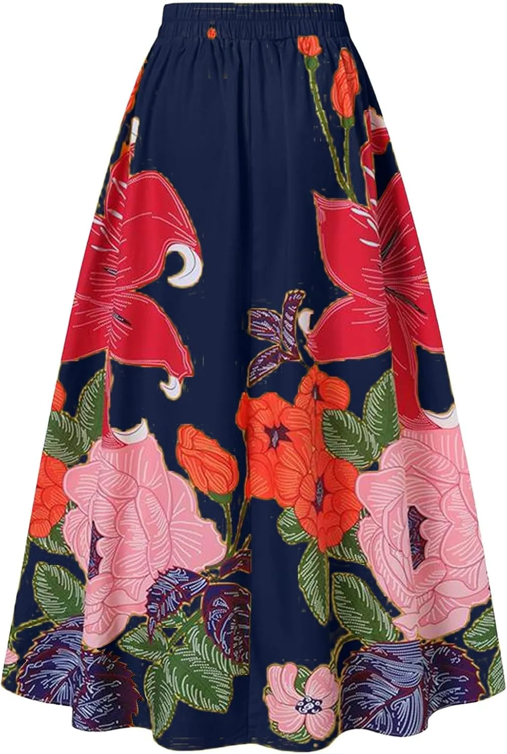 Womens Maxi Boho Long Skirts Pleated Dress Casual A Line Plus Size Summer Tiered Beach Vacation Skirt with Pockets