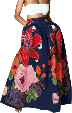 Womens Maxi Boho Long Skirts Pleated Dress Casual A Line Plus Size Summer Tiered Beach Vacation Skirt with Pockets