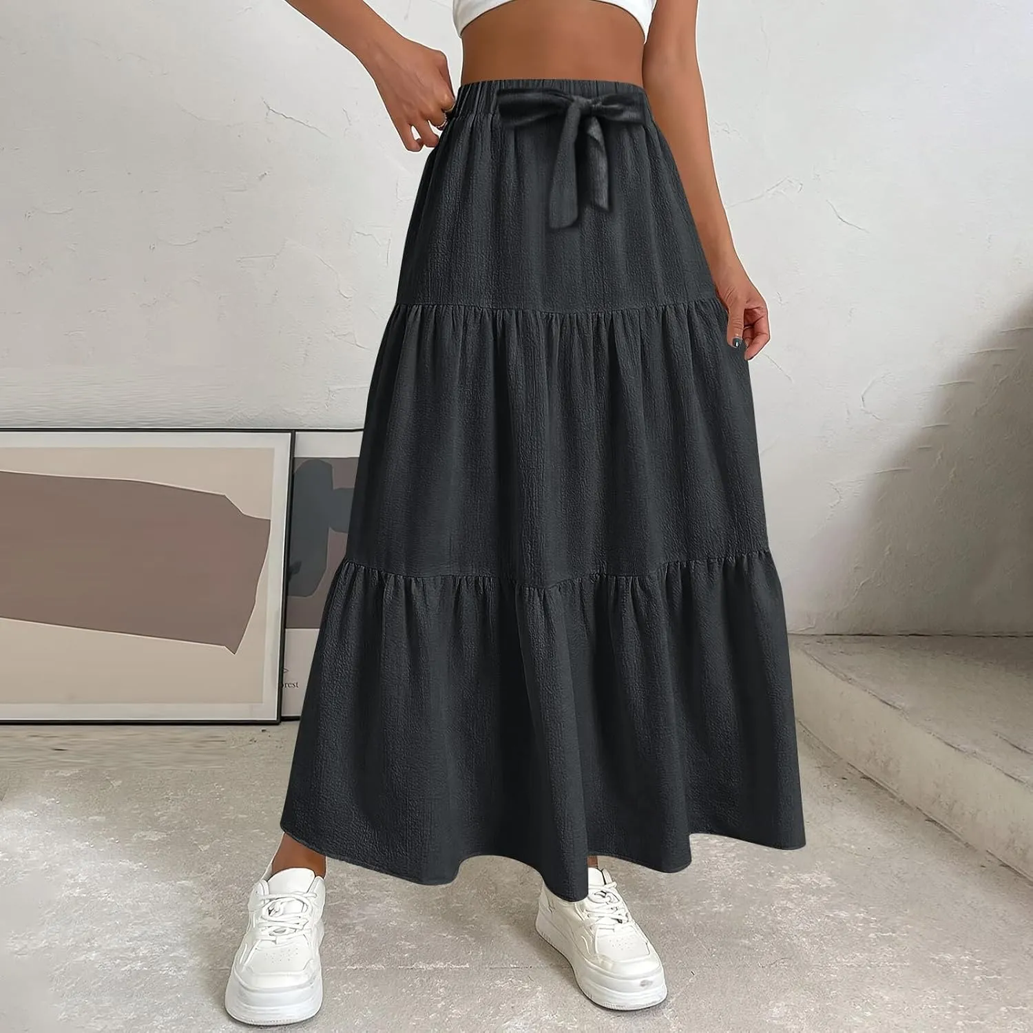 Womens Maxi Skirts Summer Drawstring Elastic High Waisted Aline Skirt Work Layered Tiered Pleated Long Skirts (S-2Xl)