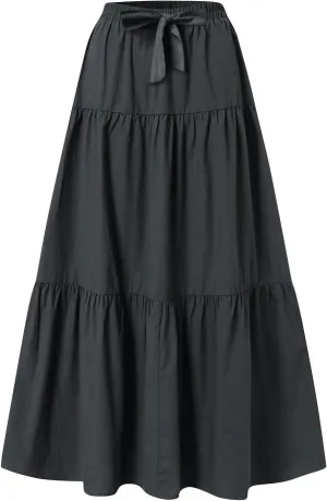Womens Maxi Skirts Summer Drawstring Elastic High Waisted Aline Skirt Work Layered Tiered Pleated Long Skirts (S-2Xl)