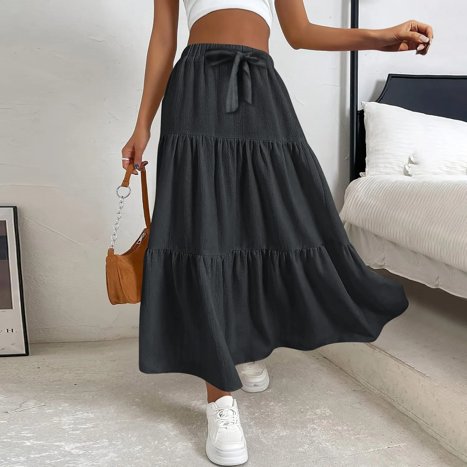 Womens Maxi Skirts Summer Drawstring Elastic High Waisted Aline Skirt Work Layered Tiered Pleated Long Skirts (S-2Xl)