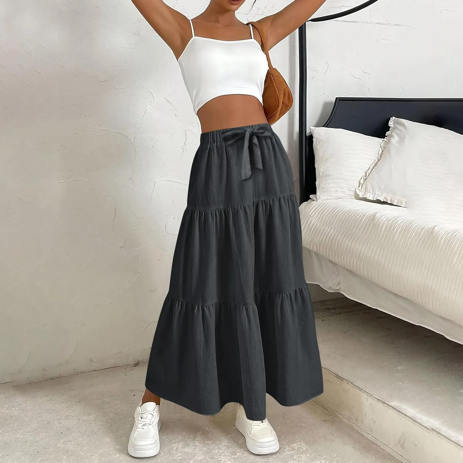 Womens Maxi Skirts Summer Drawstring Elastic High Waisted Aline Skirt Work Layered Tiered Pleated Long Skirts (S-2Xl)