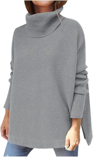 Women's Oversized Turtleneck Knit Pullover Sweater Warm Clothes for Winter Trendy Spilt Hem Tunic Jumper Tops Clothes