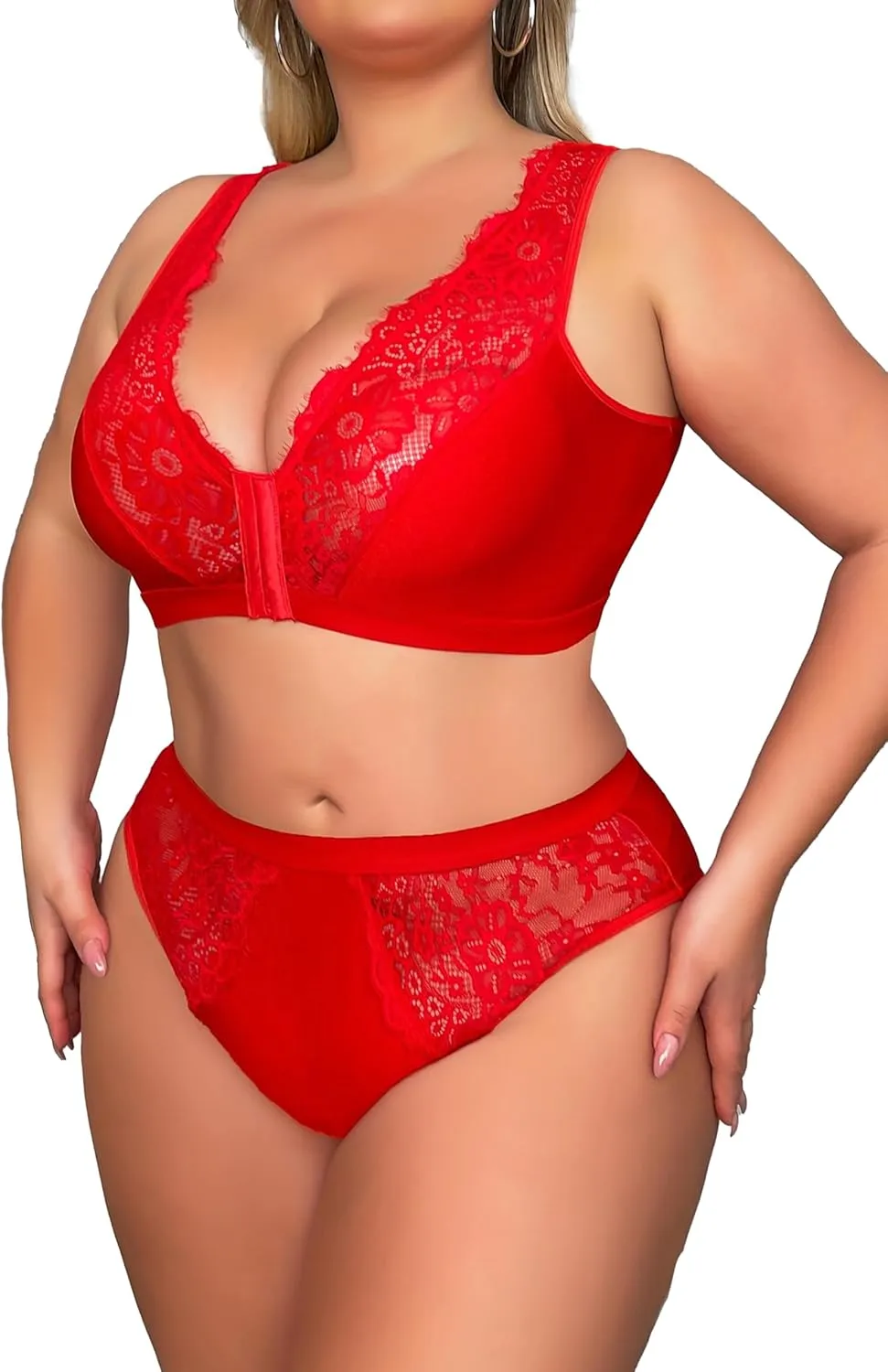 Women's Plus Size 2 Piece Lingerie Set Sexy Sheer Bralatte 3/4 Cup Bra Panty Sets Super Stretchy Lace Underwired