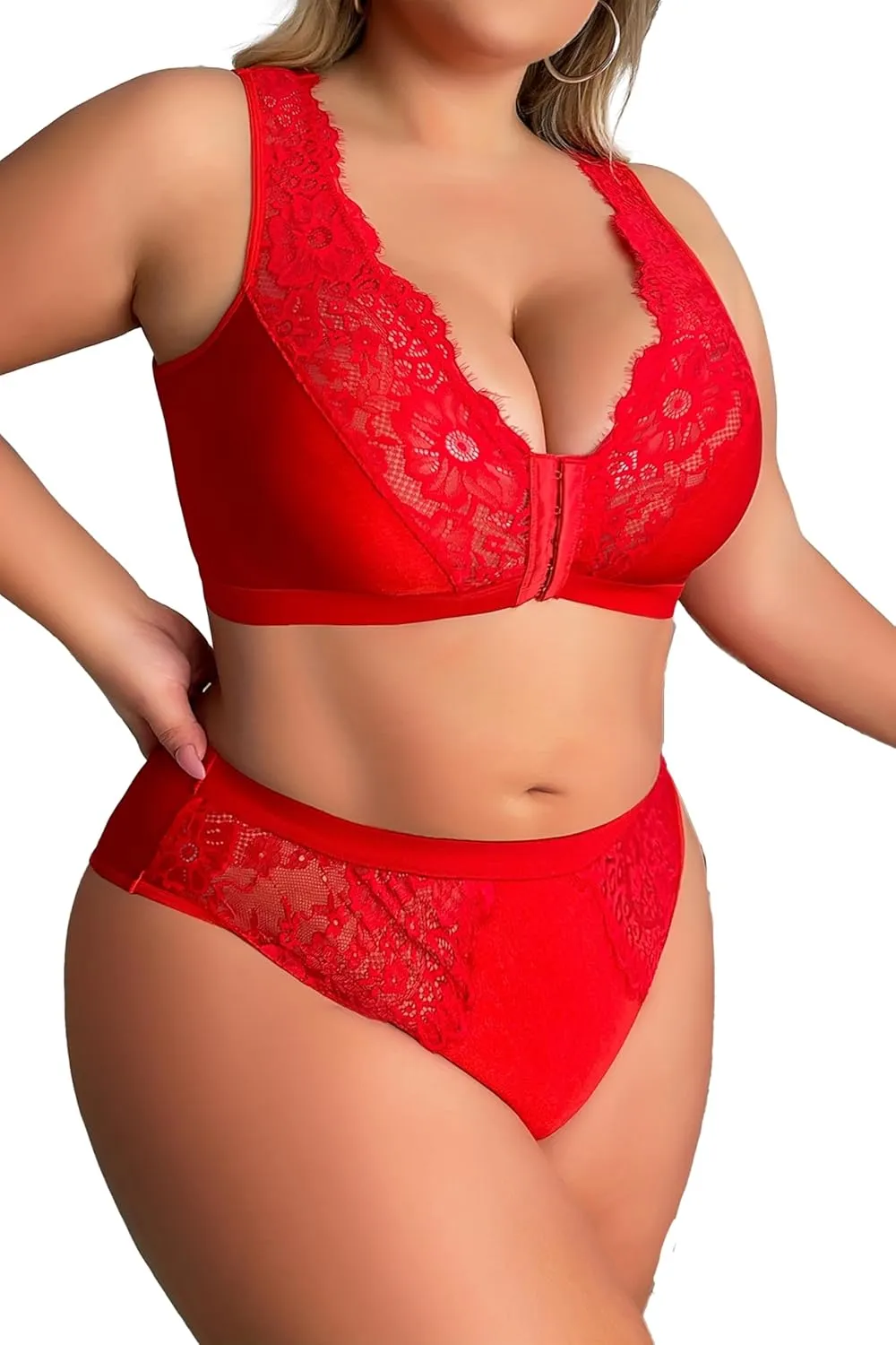 Women's Plus Size 2 Piece Lingerie Set Sexy Sheer Bralatte 3/4 Cup Bra Panty Sets Super Stretchy Lace Underwired