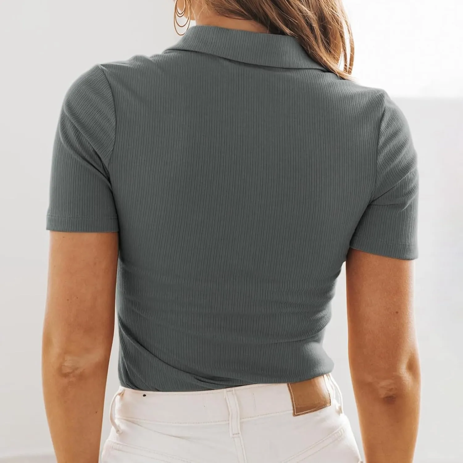 Womens Polo Shirts Fashion Short Sleeve V Neck T Shirt Slim Fitted Ribbed Knit Casual Tee Tops Summer Business Tshirt