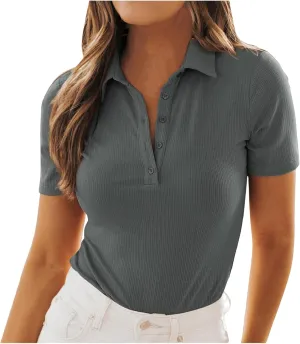 Womens Polo Shirts Fashion Short Sleeve V Neck T Shirt Slim Fitted Ribbed Knit Casual Tee Tops Summer Business Tshirt